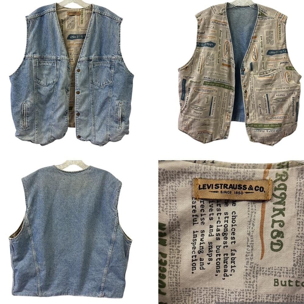 Vintage Levis Strauss Reversible Blue Jean or Newspaper Vest Mens XL or XXL